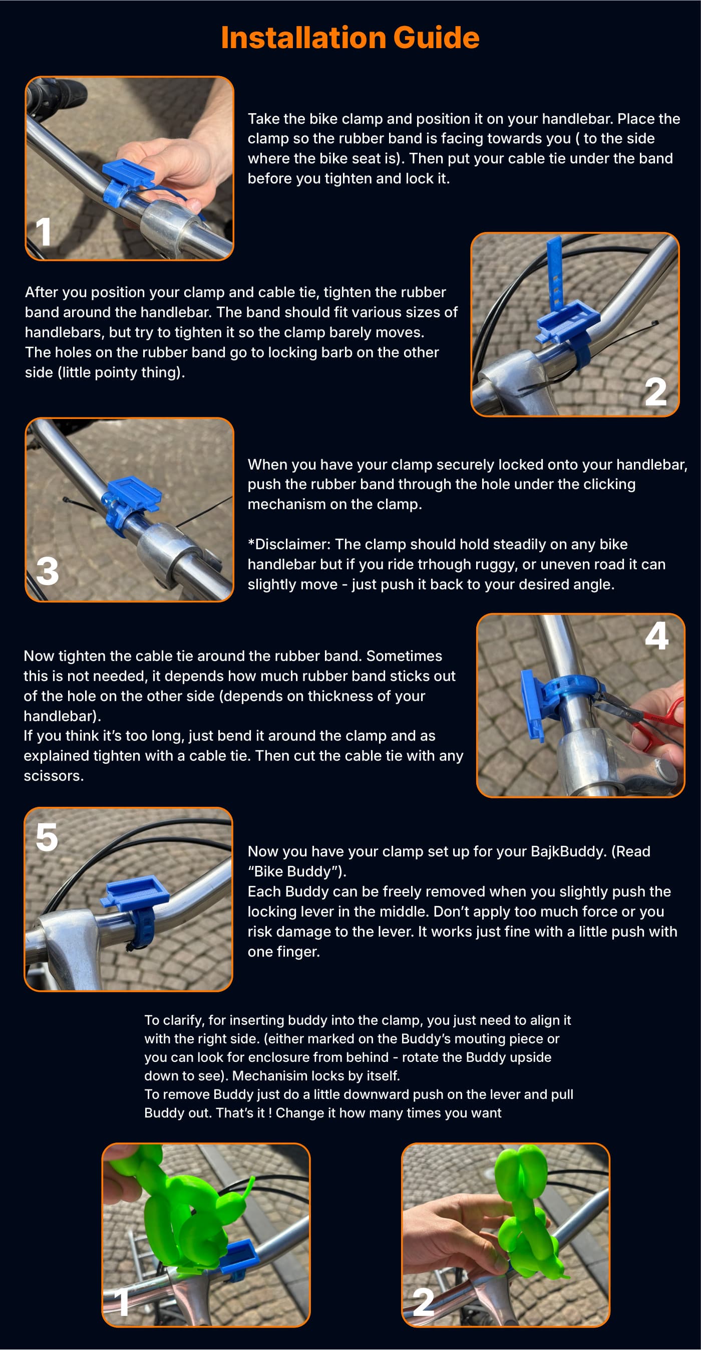 BajkBuddy installation guide with step-by-step photos for mounting the bike clamp and attaching Buddy figures